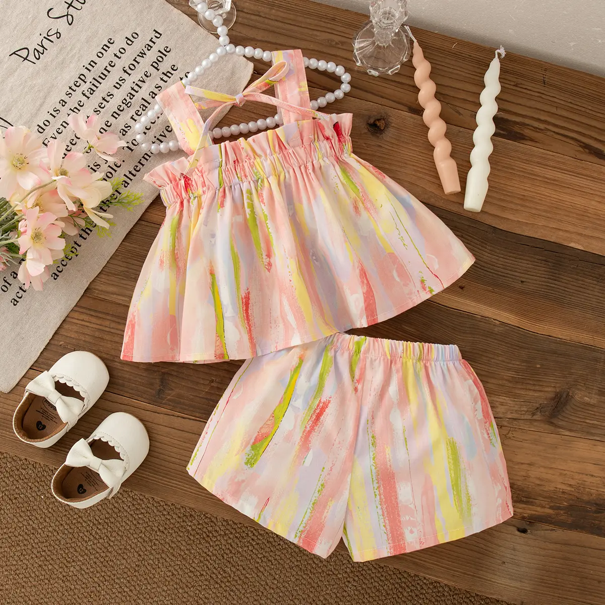 2 Pieces Set Girl Clothing Summer New Sleeveless Shorts Baby Clothes Girl Solid Color Sweet Bow Sets For Baby