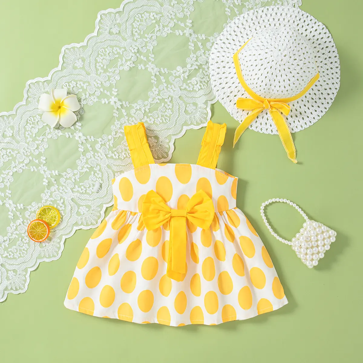 Summer (0-3) Girl Dress Girl Wave Dot Full Print Large Bow Strap Princess Dress Fashion Cotton Sleeveless Dress