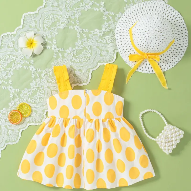Summer (0-3) Girl Dress Girl Wave Dot Full Print Large Bow Strap Princess Dress Fashion Cotton Sleeveless Dress