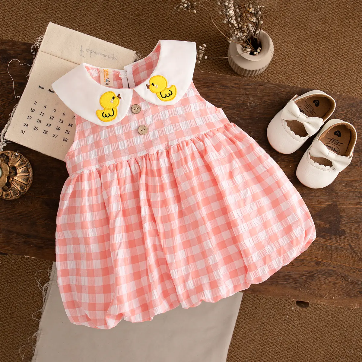 Baby Girl Dresses Summer New Sleeveless Sweet Casual Dresses For Girls Plaid Lapel Duck Embroidery Baby Clothes