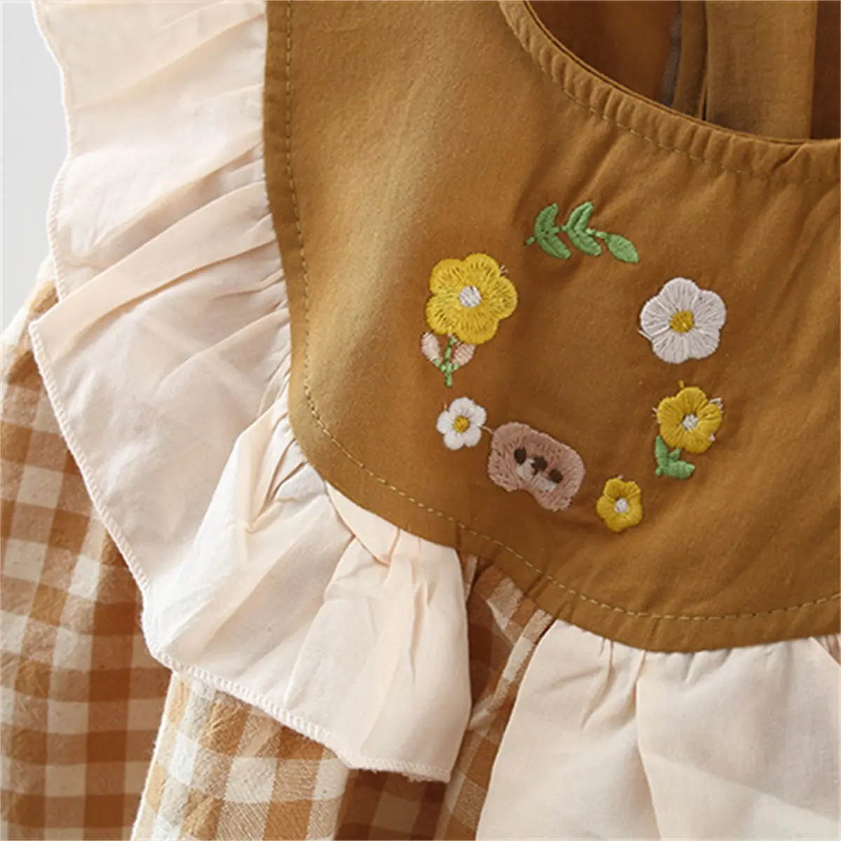Baby girl dress summer girl embroidered round neck patchwork lace plaid sleeveless princess dress
