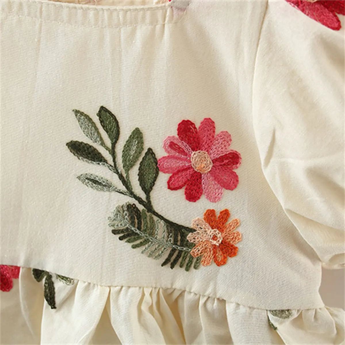 Girl's Dress Summer Baby Girl Collar Colored Lace Flower and Leaf Embroidered Bubble Sleeves Princess Dress