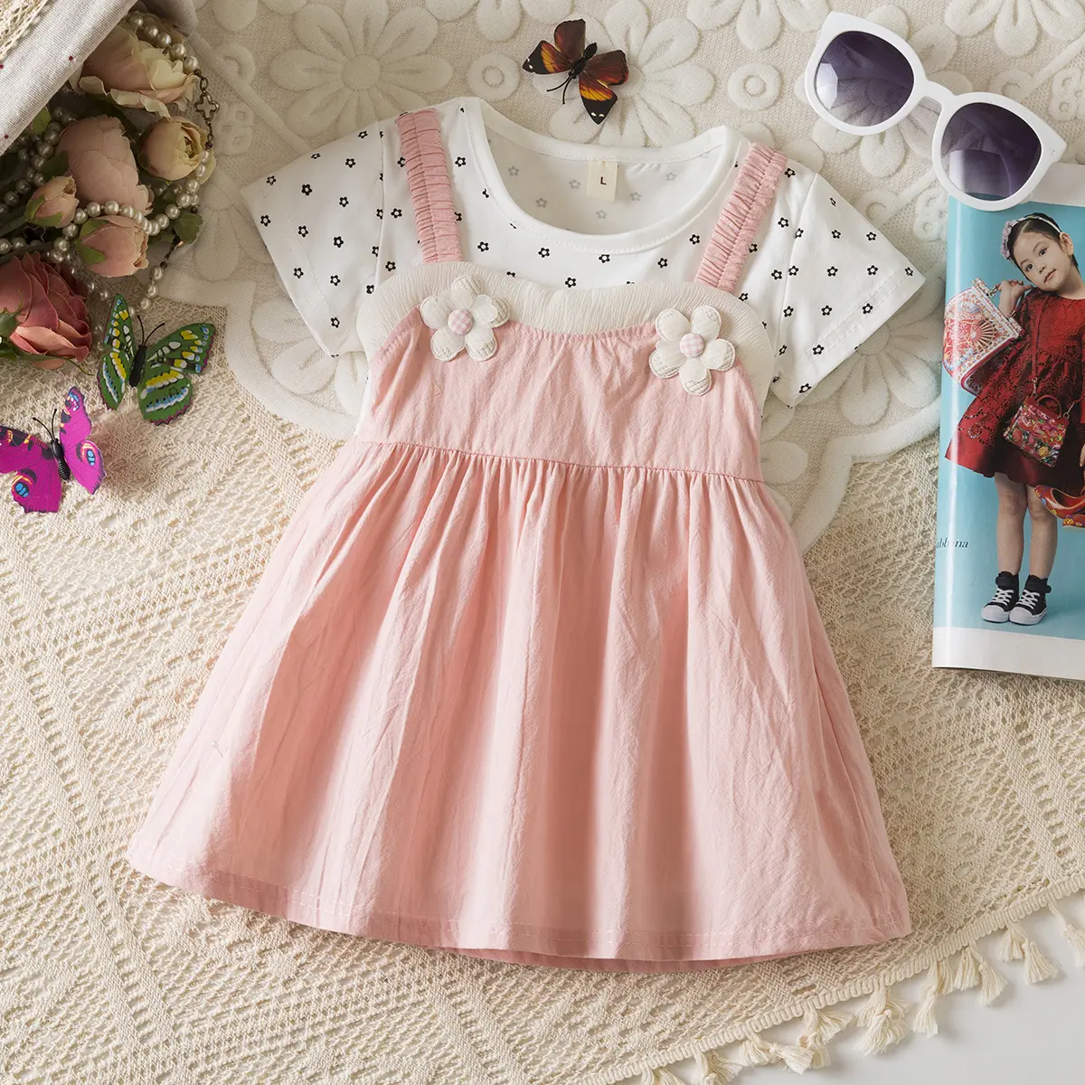 Girl Clothing Summer New Short Sleeved Baby Dresses Flower Print Imitation Of Two Pieces 3d Flowers Toddler Dress
