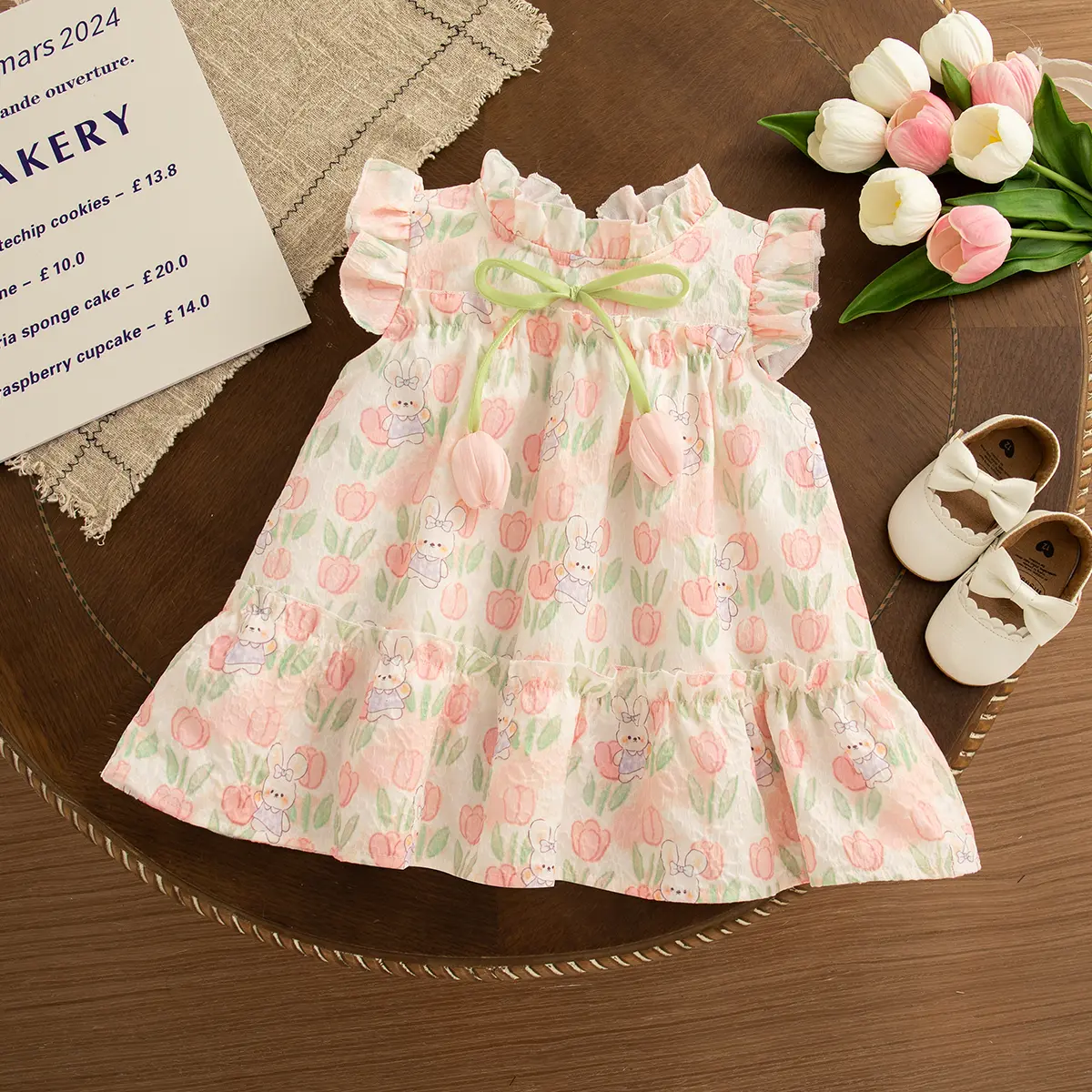 Baby Dresses Summer New Sleeveless Cute Girl Clothes Cartoon Rabbit Print Flounce 3d Flower Bud Bow Toddler Dress