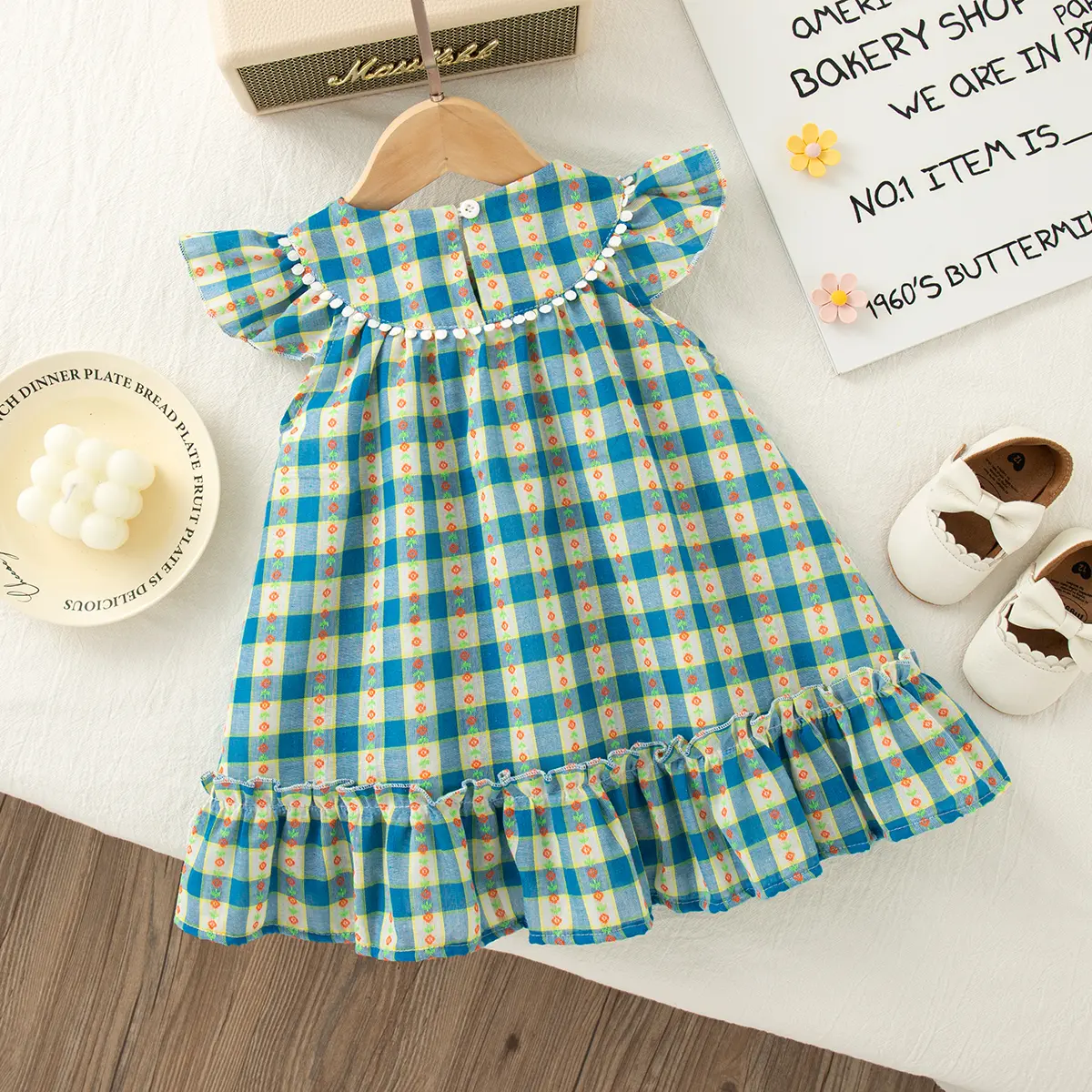 Girls Dress Summer New Sleeveless Plaid Baby Girl Dresses Sweet Floral Print Round Neck Ruffled Edges Baby Clothing