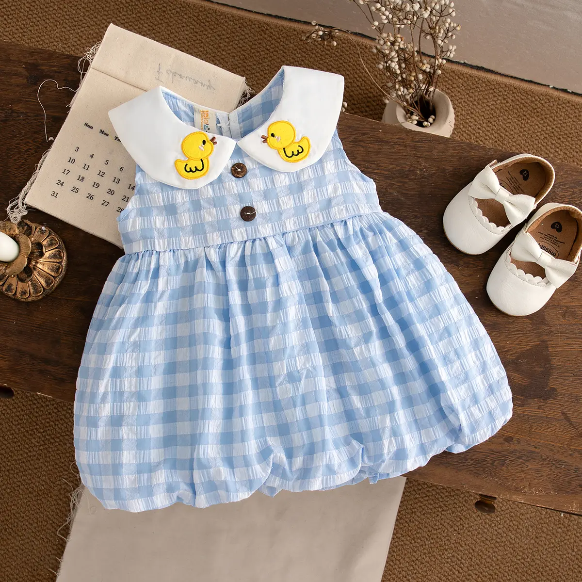 Baby Girl Dresses Summer New Sleeveless Sweet Casual Dresses For Girls Plaid Lapel Duck Embroidery Baby Clothes
