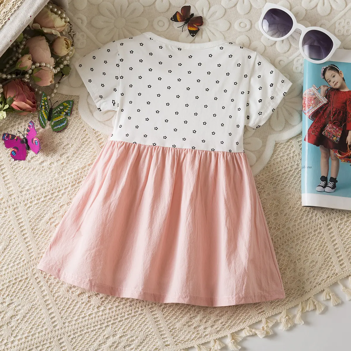 Girl Clothing Summer New Short Sleeved Baby Dresses Flower Print Imitation Of Two Pieces 3d Flowers Toddler Dress