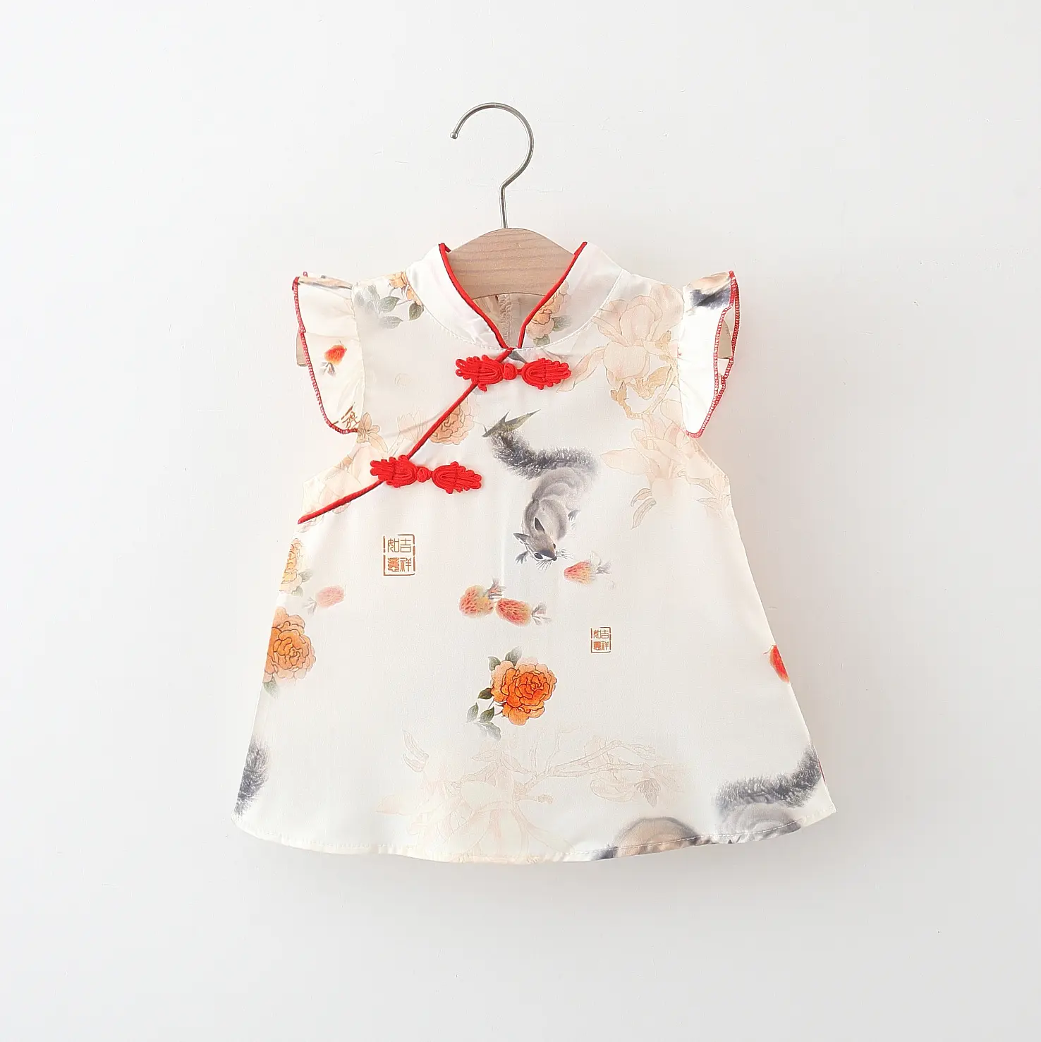 Chinese Style Girls' Dress Summer Baby Girl Cartoon Panda Bamboo Print Small Flying Sleeves Buckle Tassel Cheongsam Dress