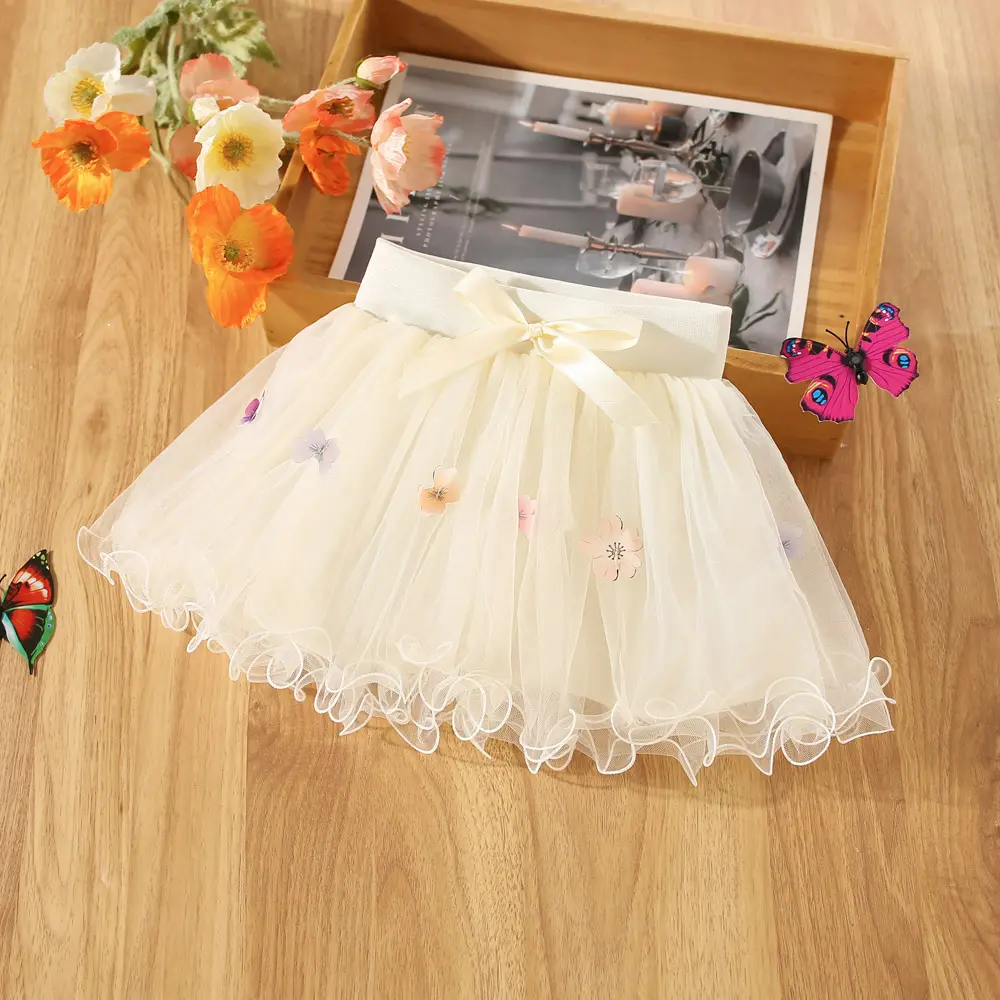 Summer girl half body dress baby girl bow printed lace mesh half body fluffy princess dress children's dress