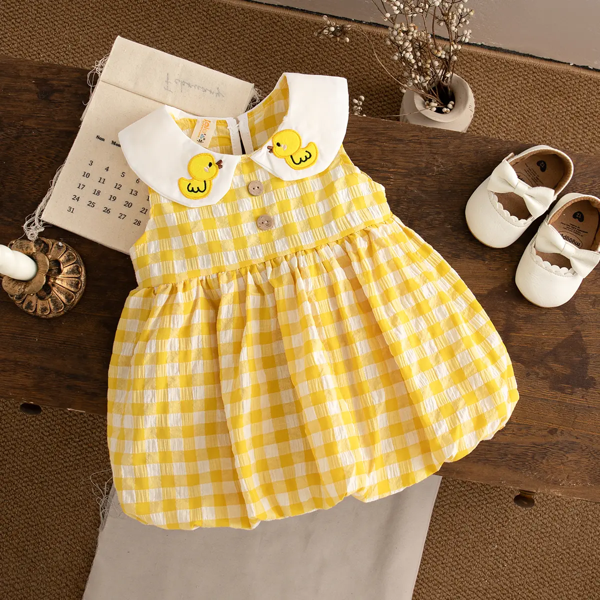 Baby Girl Dresses Summer New Sleeveless Sweet Casual Dresses For Girls Plaid Lapel Duck Embroidery Baby Clothes