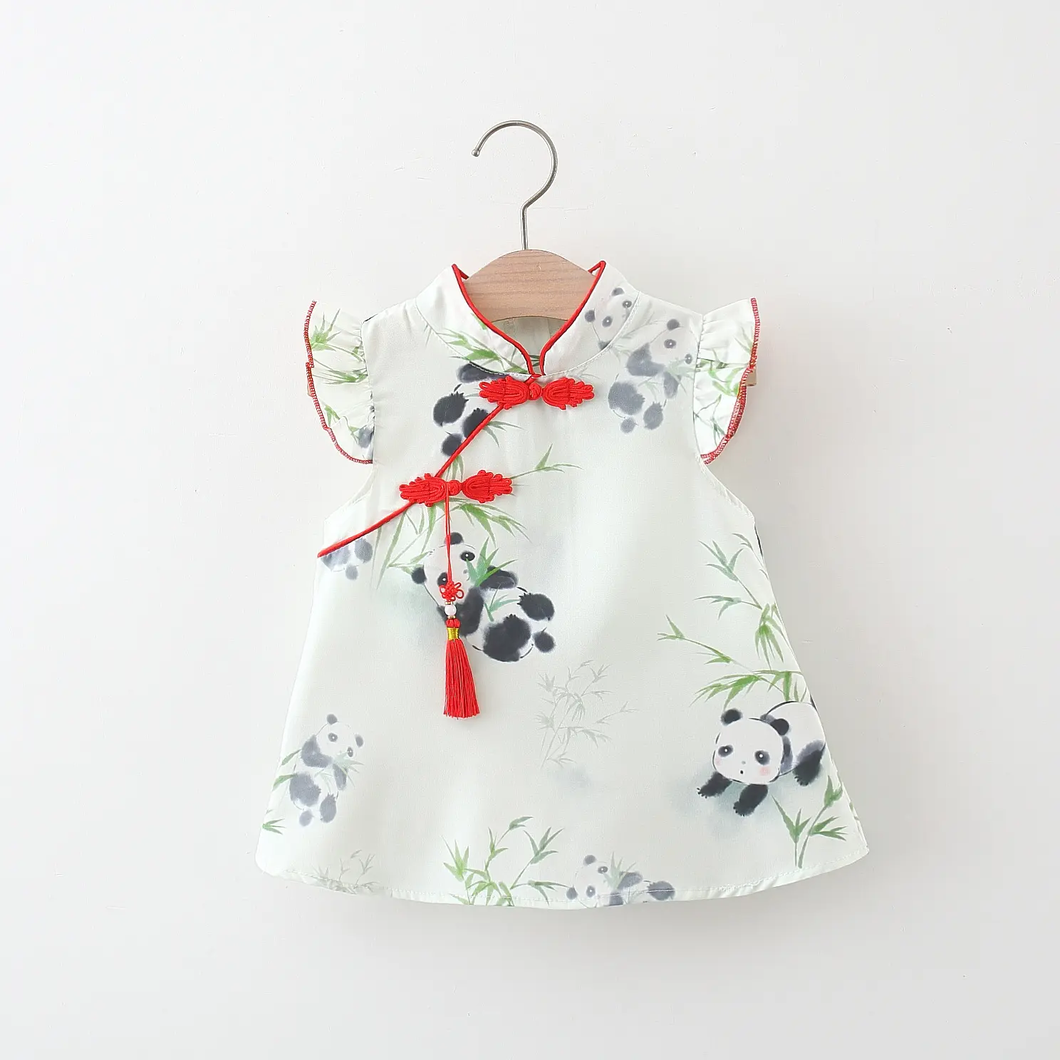Chinese Style Girls' Dress Summer Baby Girl Cartoon Panda Bamboo Print Small Flying Sleeves Buckle Tassel Cheongsam Dress