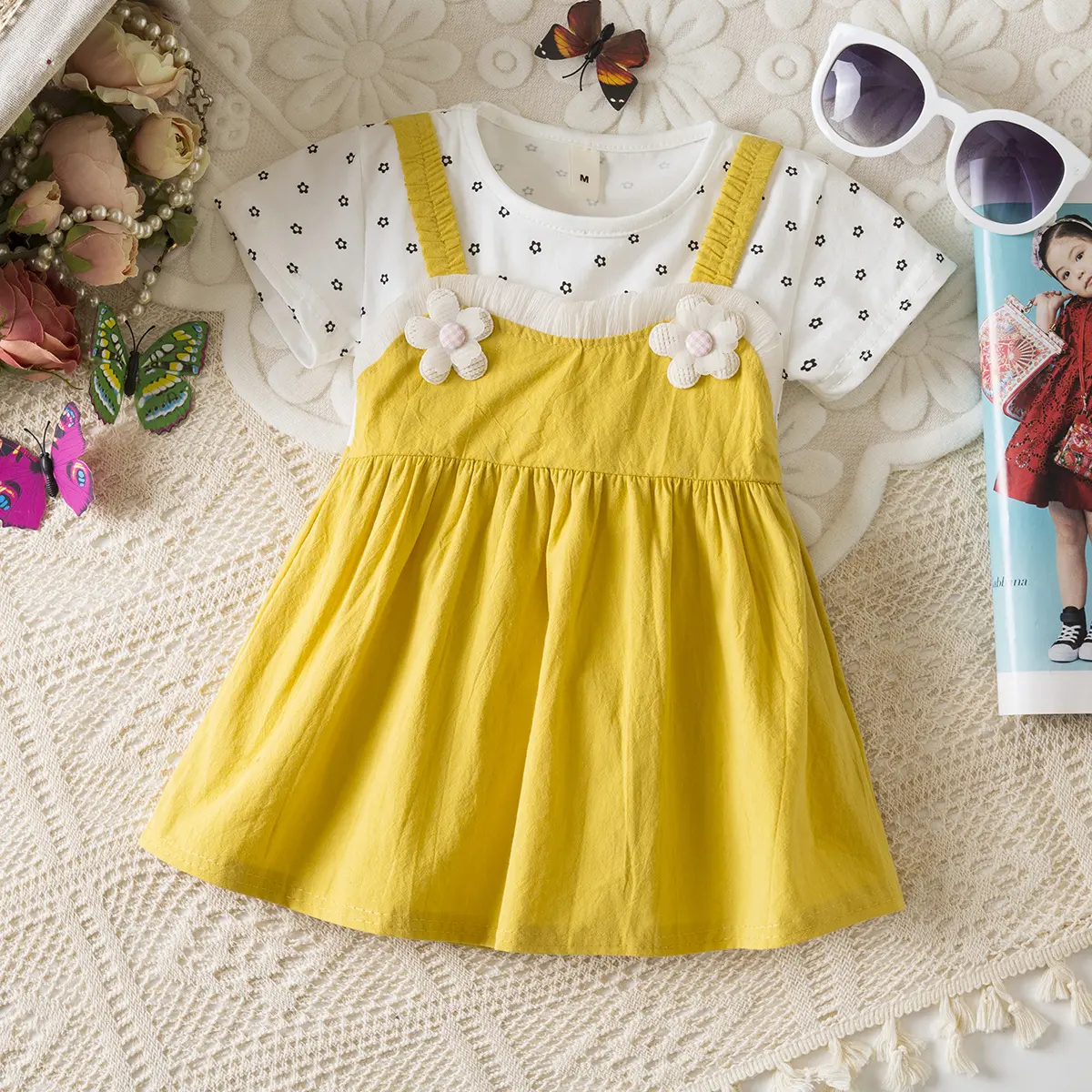 Girl Clothing Summer New Short Sleeved Baby Dresses Flower Print Imitation Of Two Pieces 3d Flowers Toddler Dress