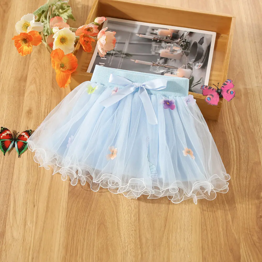 Summer girl half body dress baby girl bow printed lace mesh half body fluffy princess dress children's dress