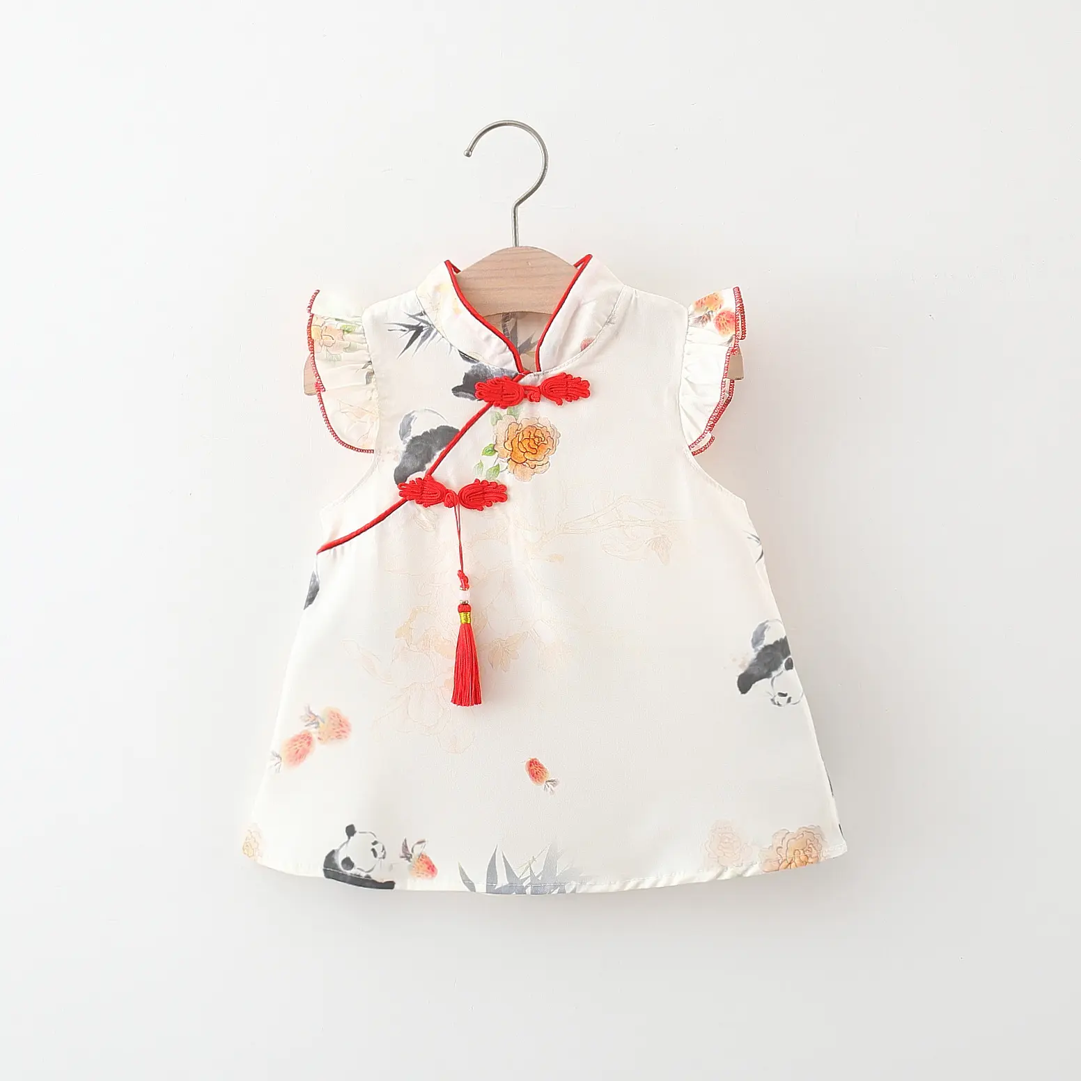 Chinese Style Girls' Dress Summer Baby Girl Cartoon Panda Bamboo Print Small Flying Sleeves Buckle Tassel Cheongsam Dress