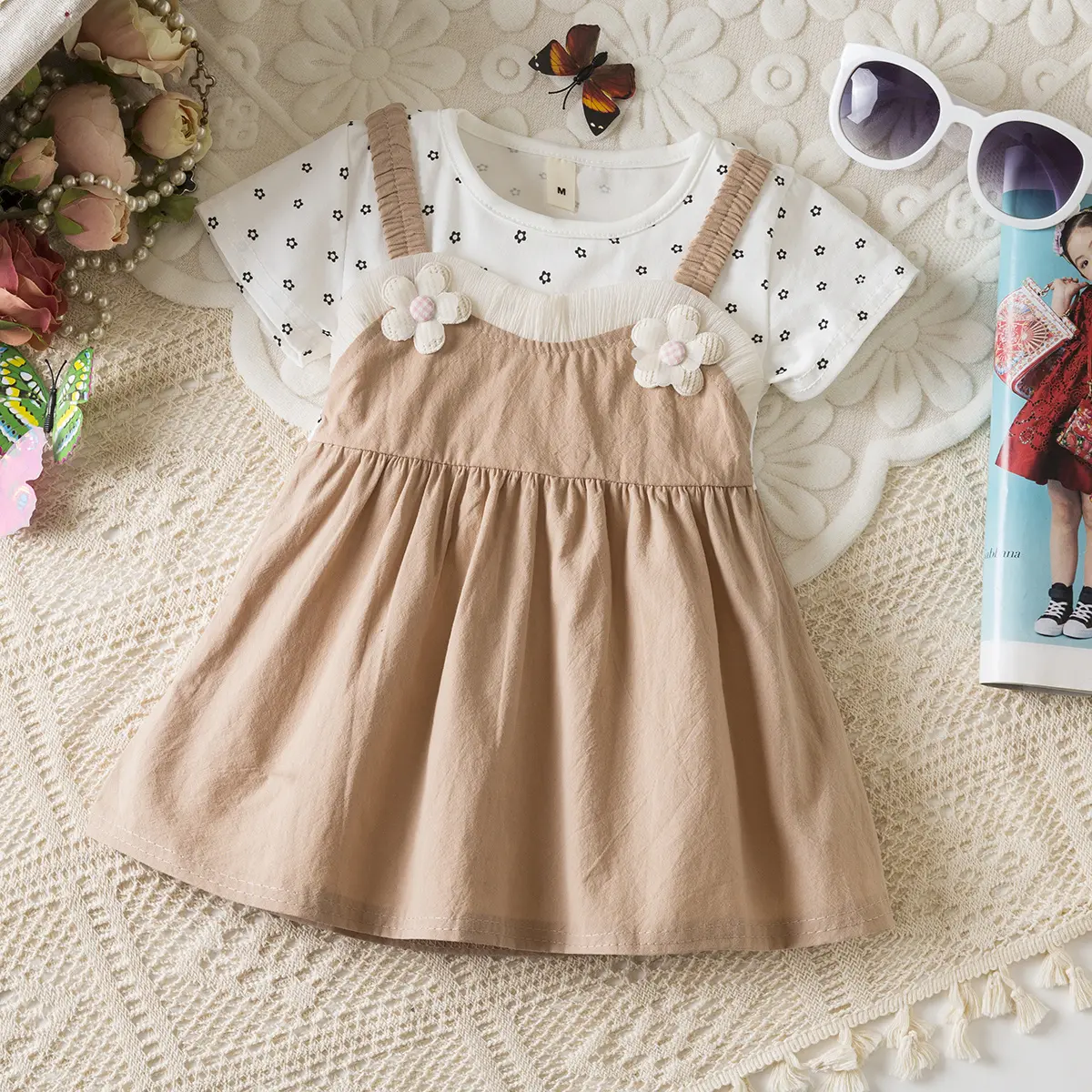 Girl Clothing Summer New Short Sleeved Baby Dresses Flower Print Imitation Of Two Pieces 3d Flowers Toddler Dress