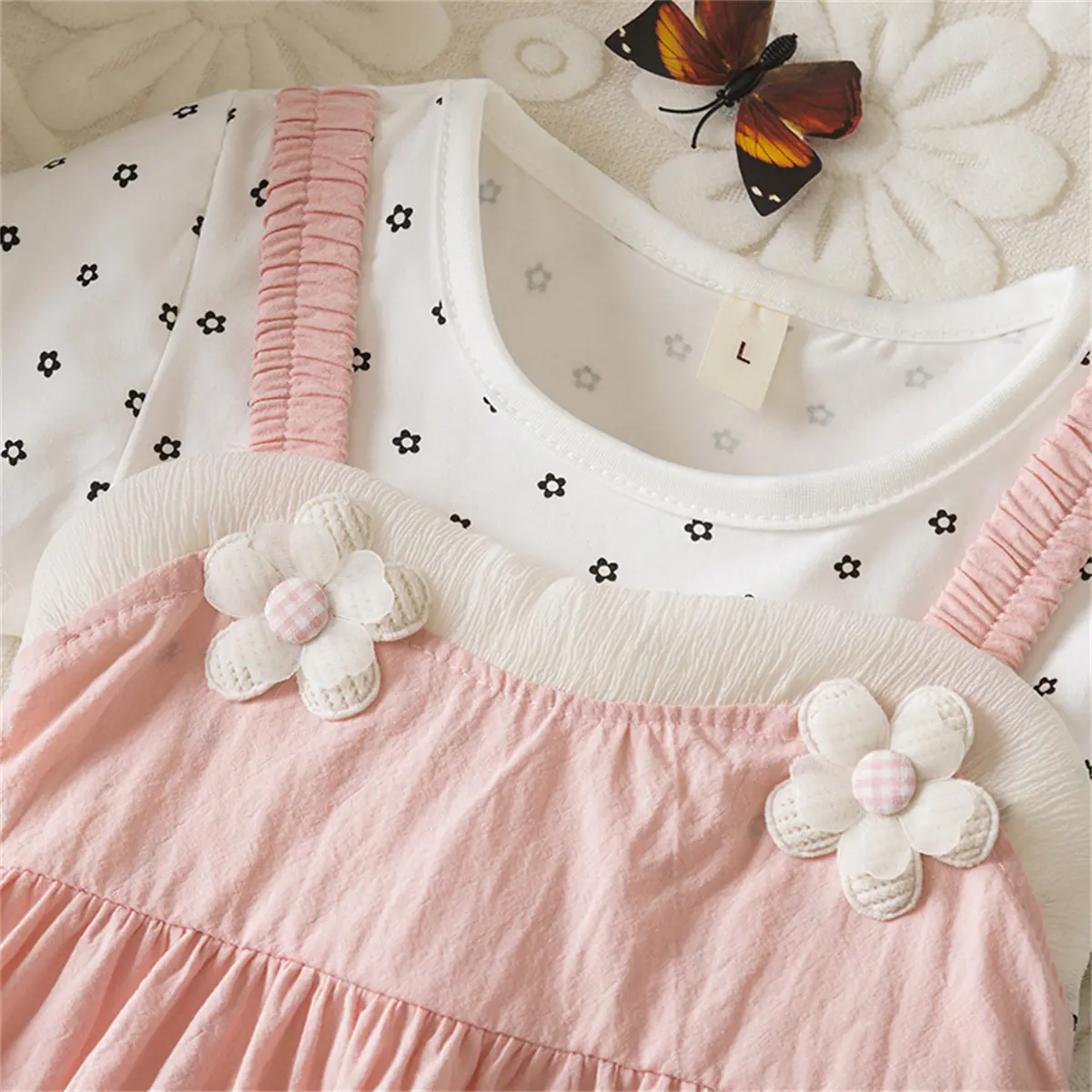 Girl Clothing Summer New Short Sleeved Baby Dresses Flower Print Imitation Of Two Pieces 3d Flowers Toddler Dress