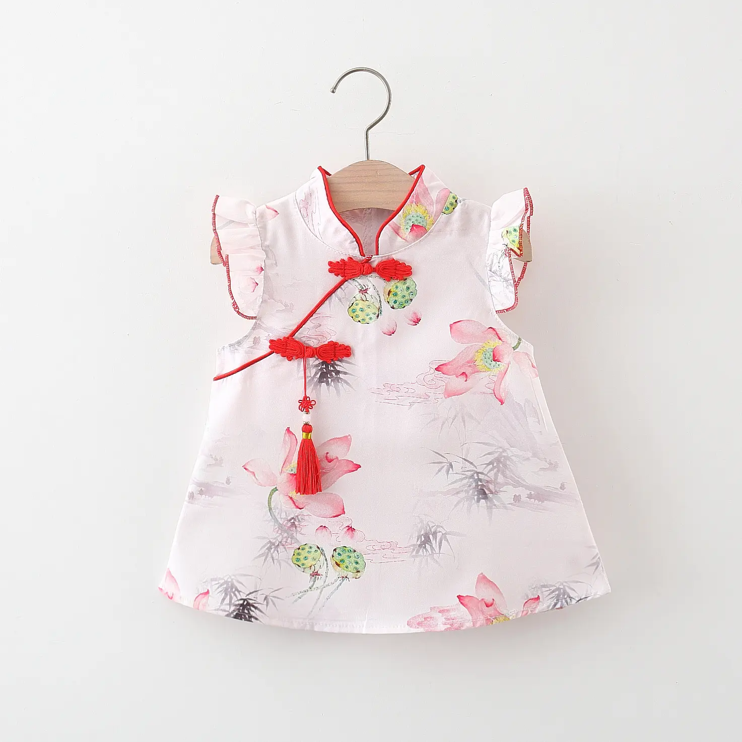 Chinese Style Girls' Dress Summer Baby Girl Cartoon Panda Bamboo Print Small Flying Sleeves Buckle Tassel Cheongsam Dress