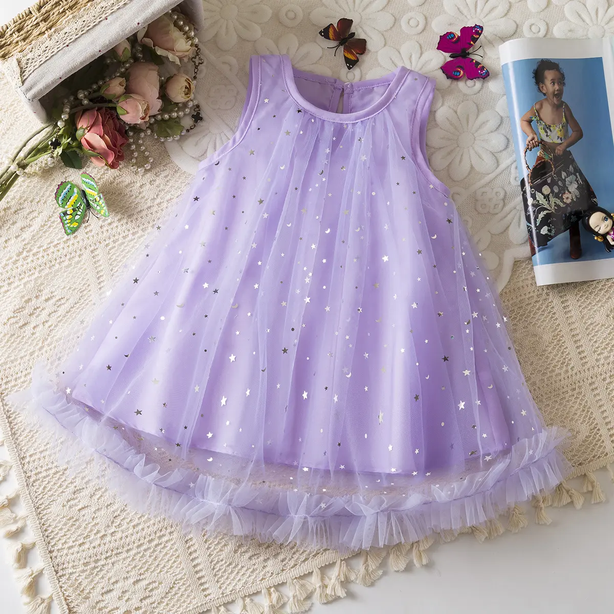Girl Party Dress Summer New Sleeveless Mesh Baby Clothes Sweet Sequin Ruffled Bow Birthday Dress Baby Girl