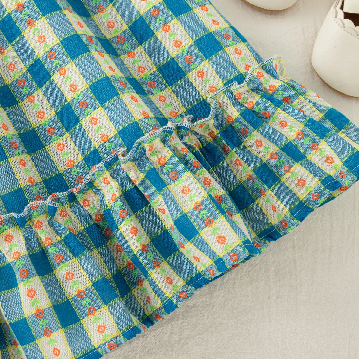 Girls Dress Summer New Sleeveless Plaid Baby Girl Dresses Sweet Floral Print Round Neck Ruffled Edges Baby Clothing