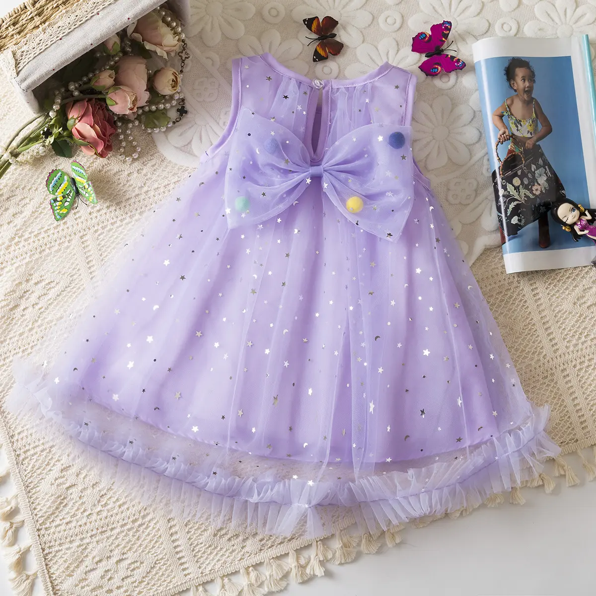 Girl Party Dress Summer New Sleeveless Mesh Baby Clothes Sweet Sequin Ruffled Bow Birthday Dress Baby Girl
