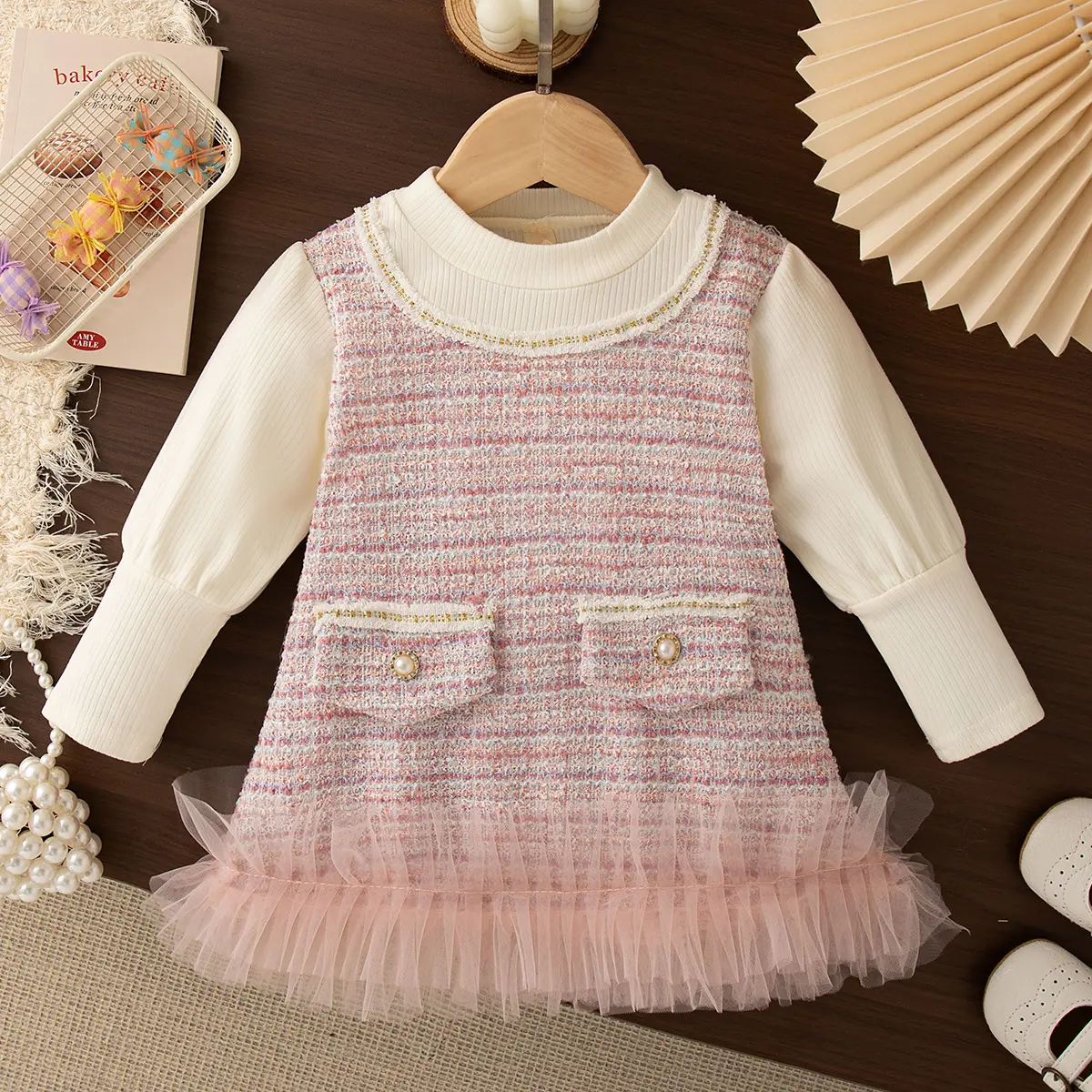 Baby Girl Dresses Autumn New Long Sleeve Girls Dress Imitation Two Piece Checkered Mesh Splicing Baby Clothing