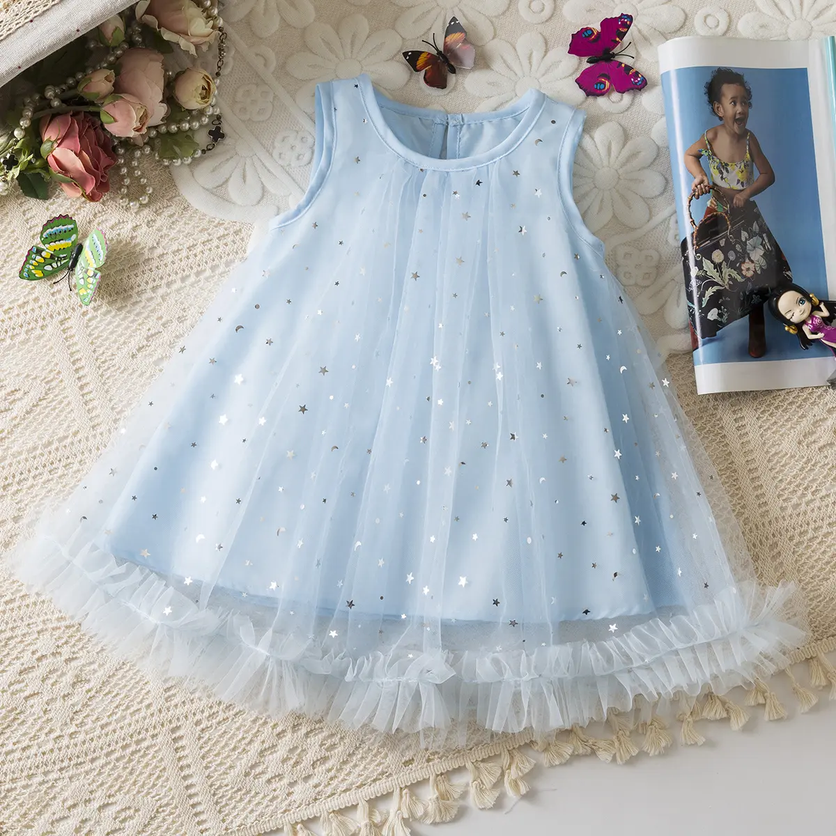 Girl Party Dress Summer New Sleeveless Mesh Baby Clothes Sweet Sequin Ruffled Bow Birthday Dress Baby Girl