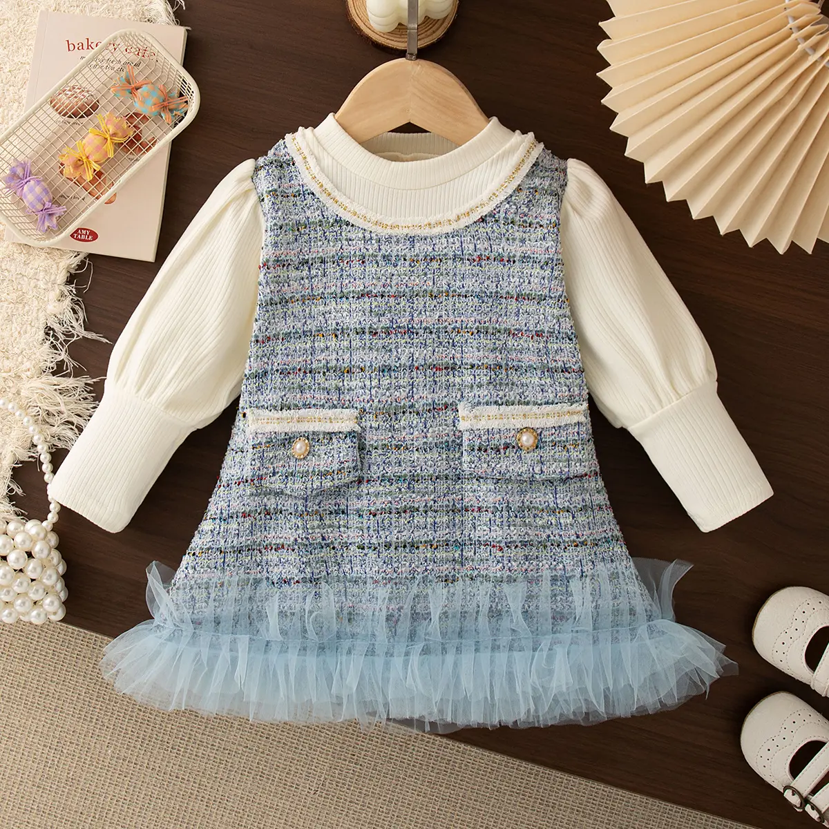 Baby Girl Dresses Autumn New Long Sleeve Girls Dress Imitation Two Piece Checkered Mesh Splicing Baby Clothing