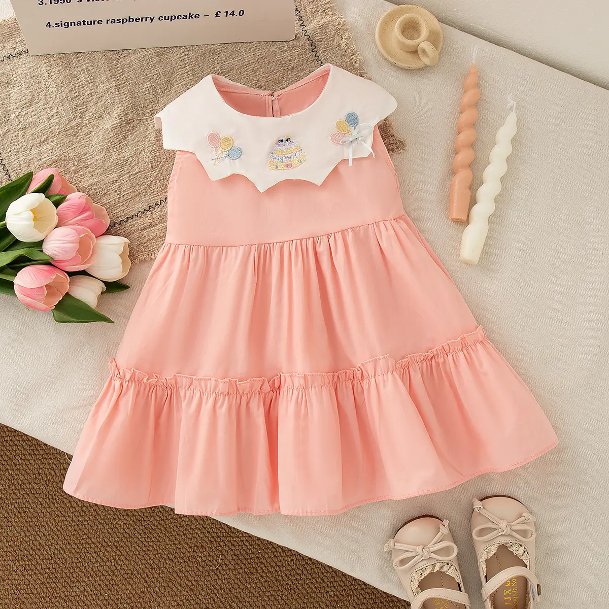 Casual Dress For Girls Summer New Sleeveless Lapel Girls Dress Solid Color Cartoon Embroidery Ruffle Baby Clothing