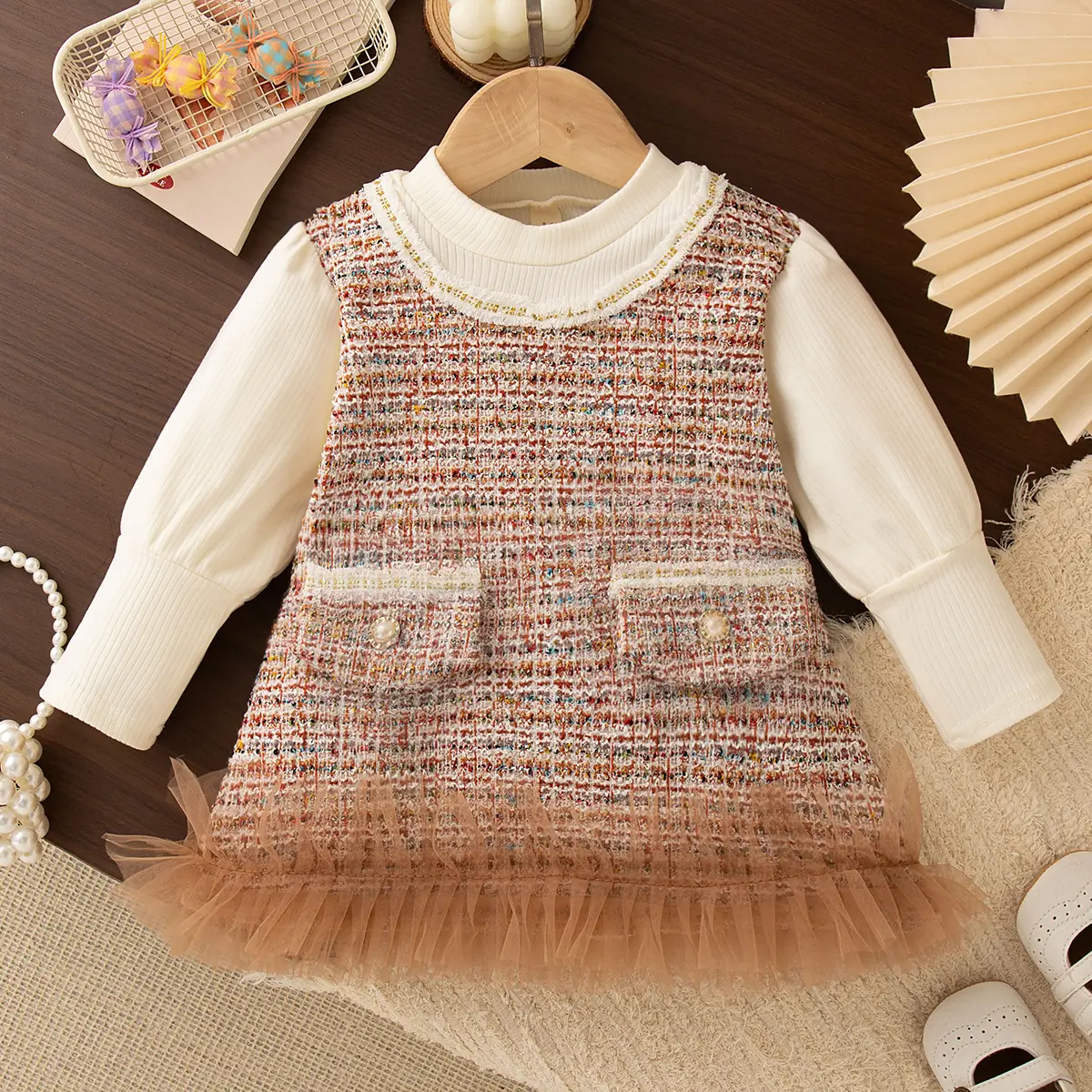 Baby Girl Dresses Autumn New Long Sleeve Girls Dress Imitation Two Piece Checkered Mesh Splicing Baby Clothing