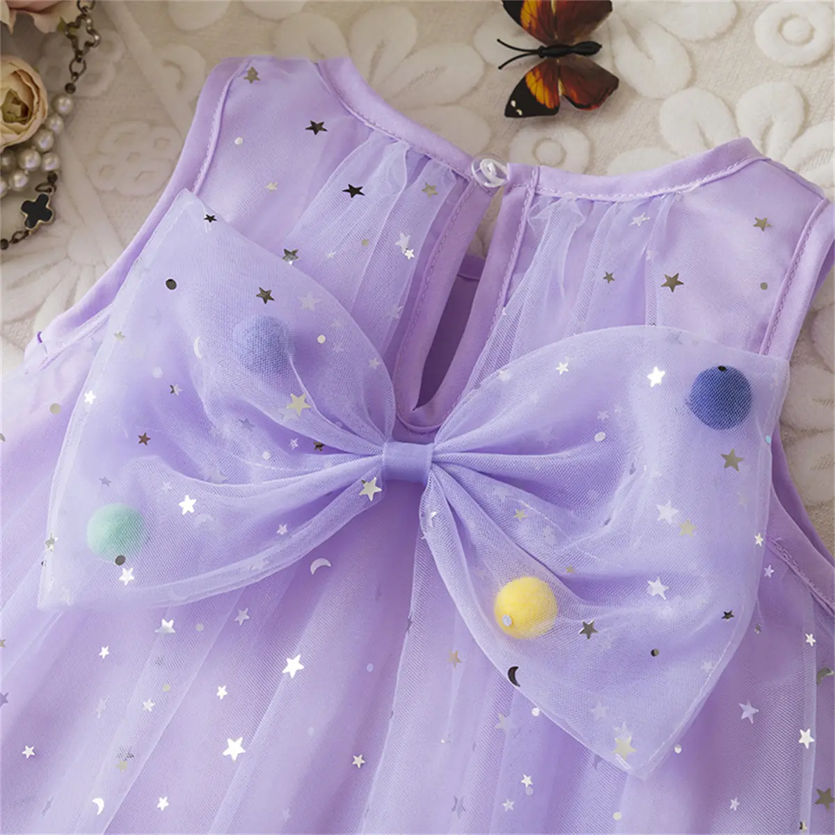 Girl Party Dress Summer New Sleeveless Mesh Baby Clothes Sweet Sequin Ruffled Bow Birthday Dress Baby Girl