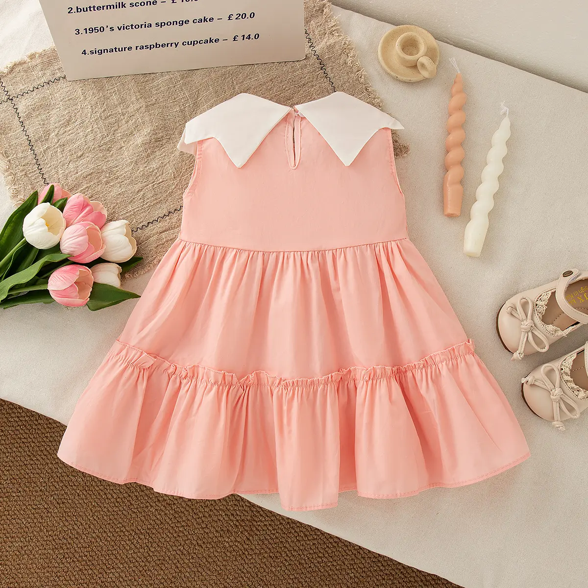 Casual Dress For Girls Summer New Sleeveless Lapel Girls Dress Solid Color Cartoon Embroidery Ruffle Baby Clothing