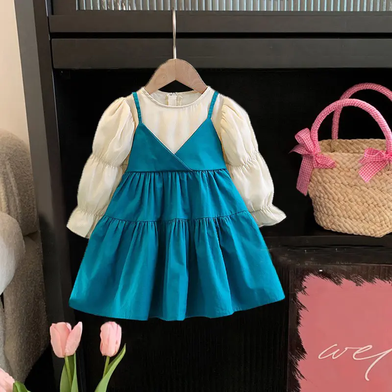 Spring and Autumn Long sleeved Baby Girl Dress Baby Girl Long sleeved Bubble Sleeve Color blocked Strap Dress Back Bow Dress