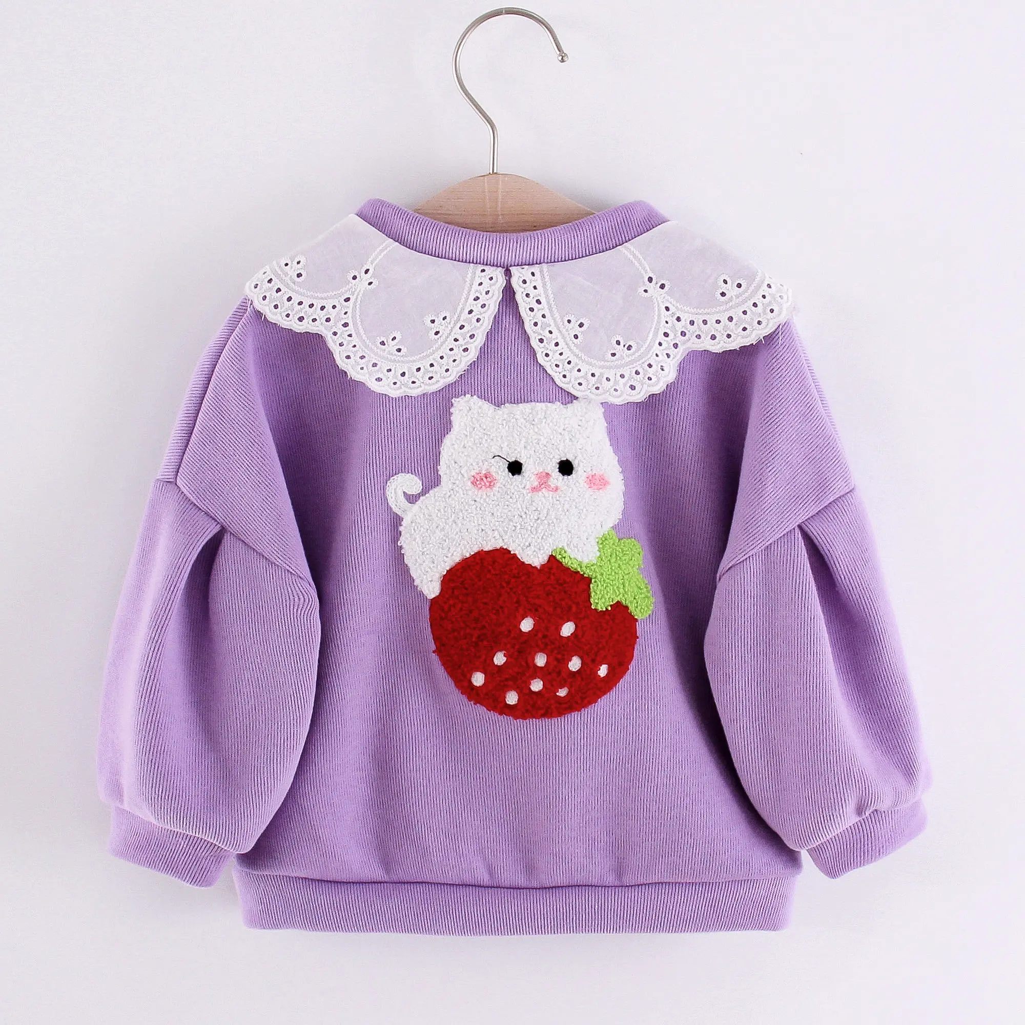 Spring and Autumn Long sleeved Girl's Coat Lace Collar Coat Girl Cartoon Embroidery Single breasted Long sleeved Loose Top