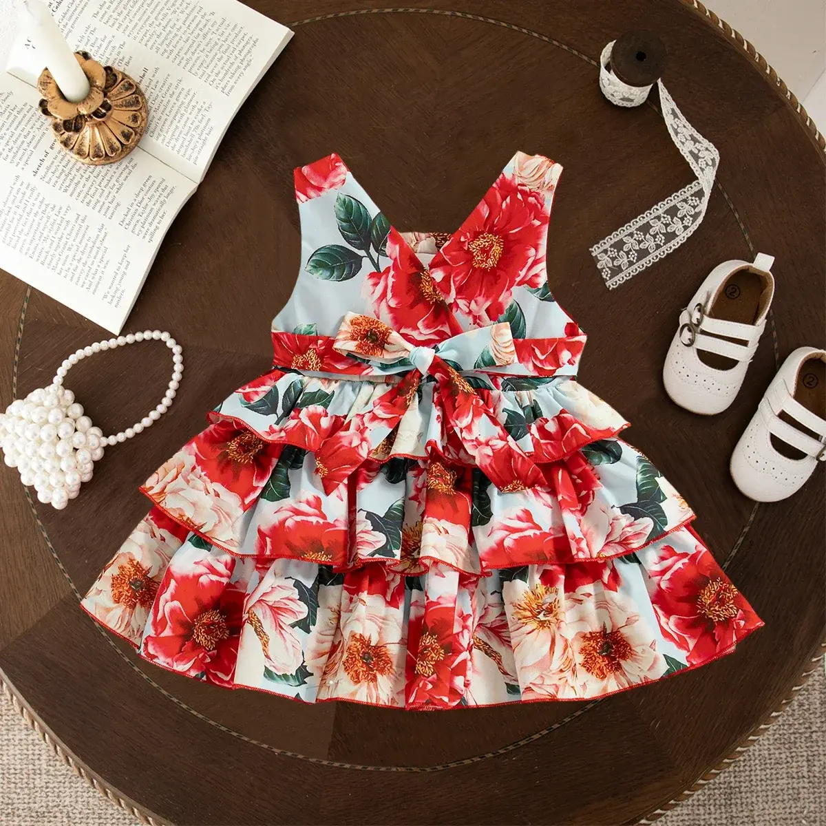 Summer Girl's Sleeveless Floral Layered Baby Girl Dress 0-2 Baby Clothes for Girl Romantic Holiday Party Baby Dress