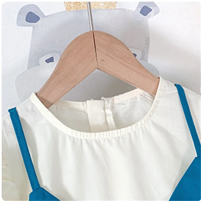 Spring and Autumn Long sleeved Baby Girl Dress Baby Girl Long sleeved Bubble Sleeve Color blocked Strap Dress Back Bow Dress
