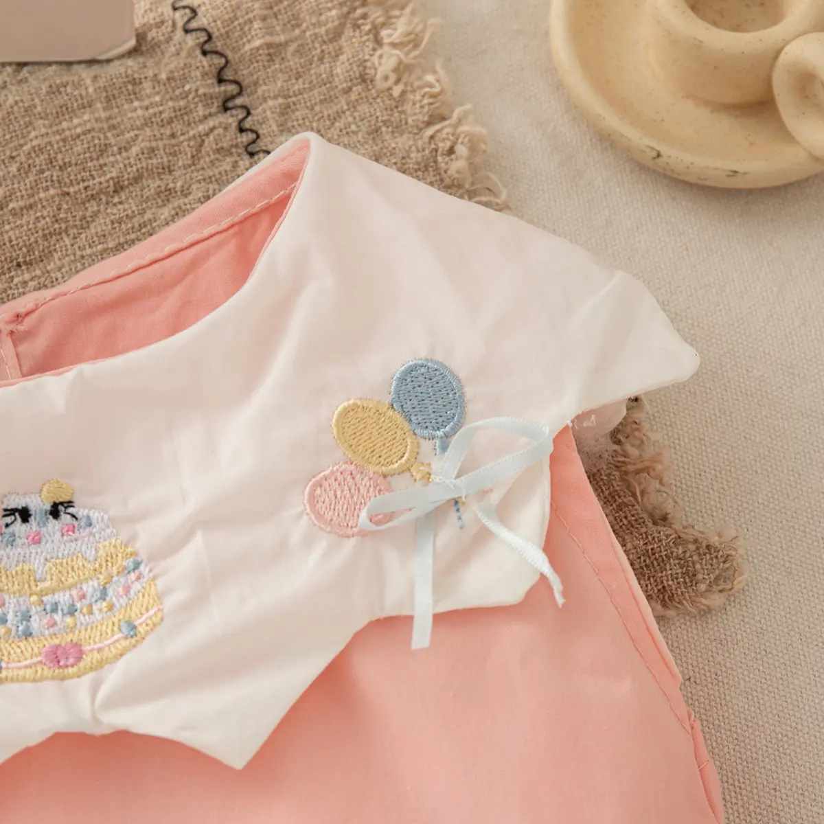 Casual Dress For Girls Summer New Sleeveless Lapel Girls Dress Solid Color Cartoon Embroidery Ruffle Baby Clothing