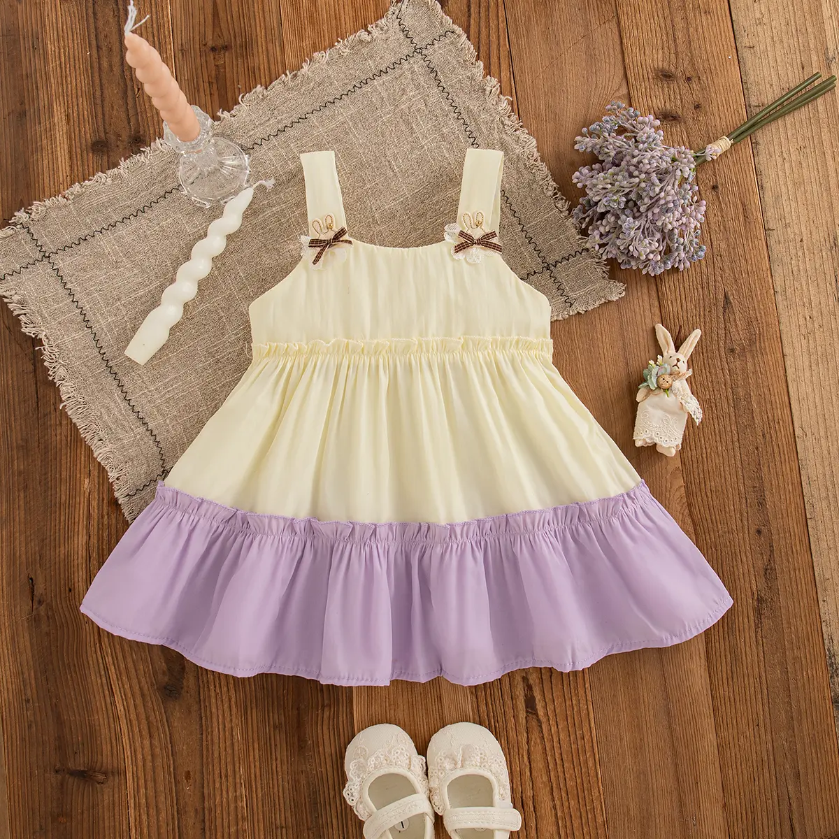 Toddler Dress Summer New Sleeveless Solid Color Baby Girl Dresses Splicing Daily Wrinkle Rabbit Ears Girl Clothing