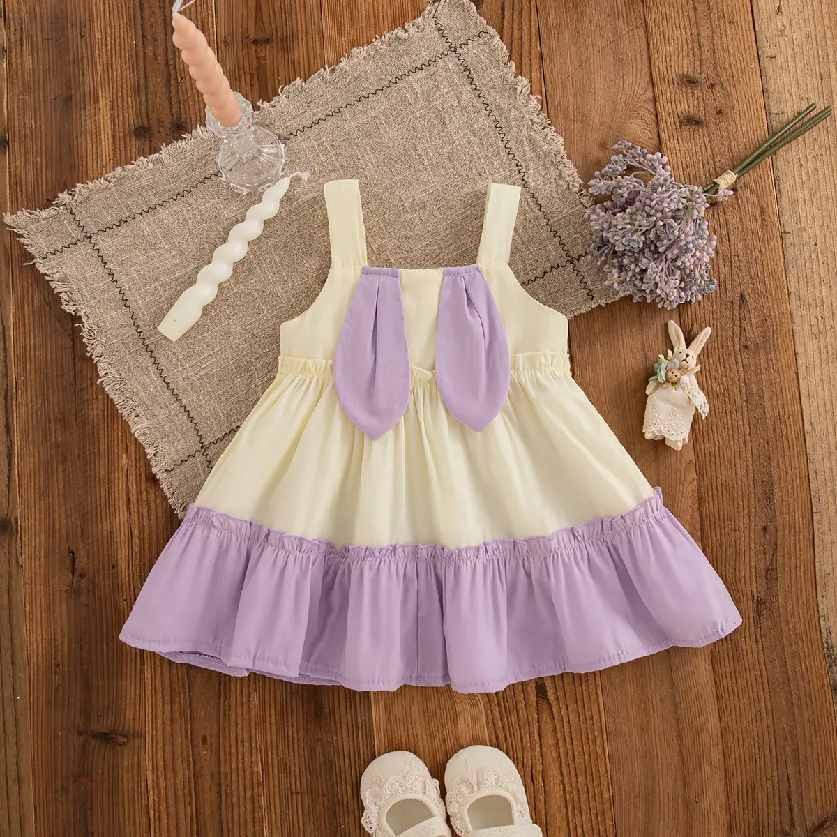 Toddler Dress Summer New Sleeveless Solid Color Baby Girl Dresses Splicing Daily Wrinkle Rabbit Ears Girl Clothing