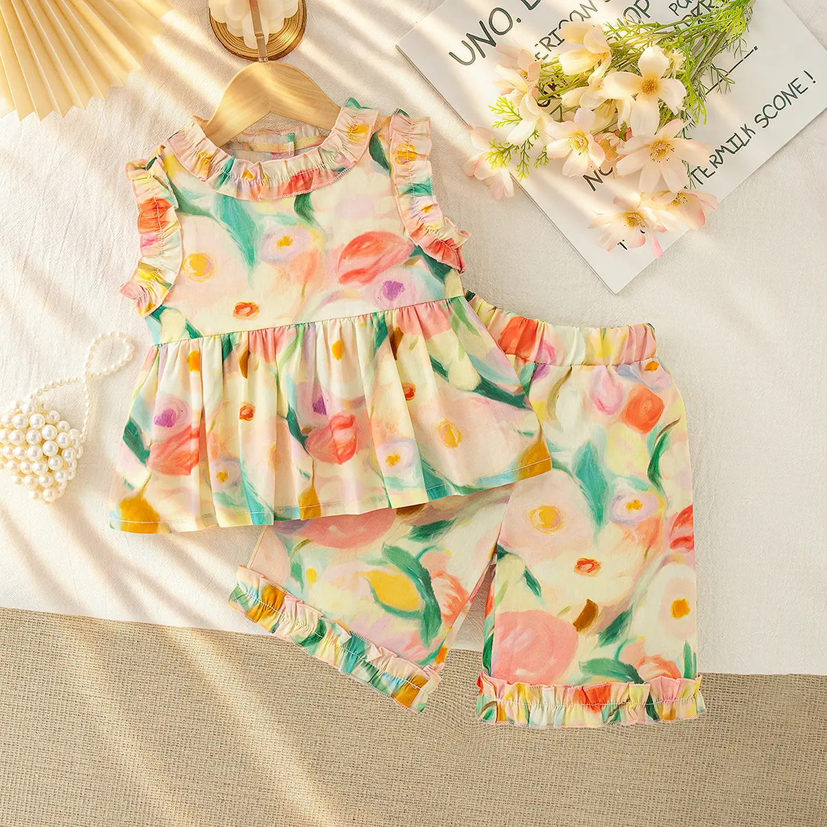 2 Pieces Set Girl Clothing Summer New Sleeveless Shorts Baby Clothes Cute Floral Cartoon Print Pleats Sets For Baby