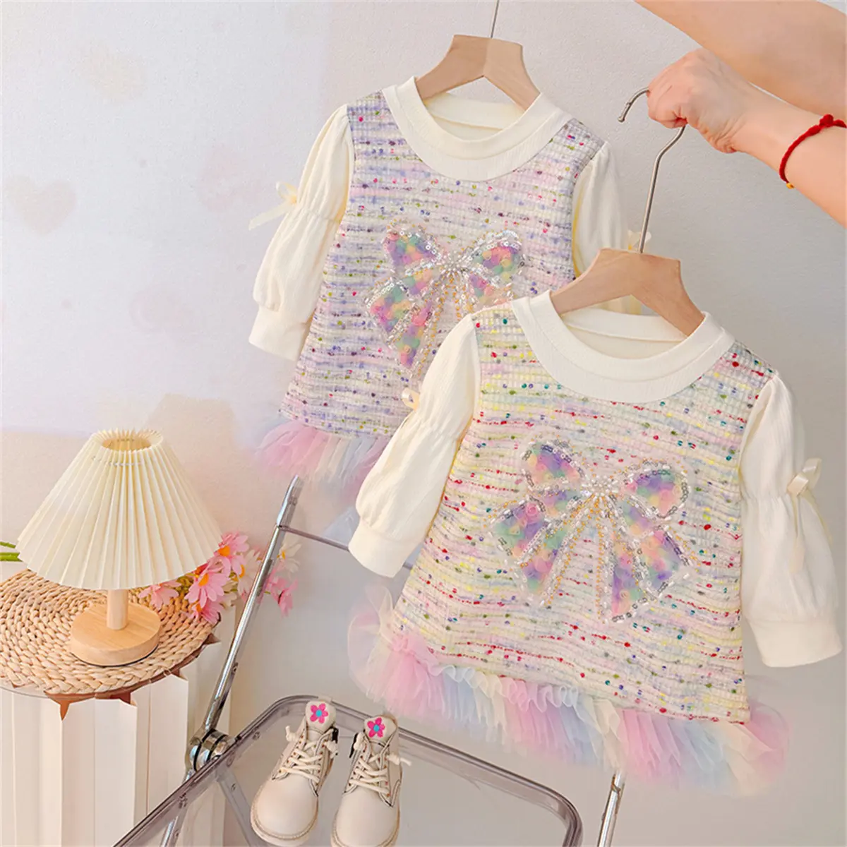 Girl Dress Autumn New Long Sleeved Baby Clothes Sweet Imitation Two-Piece Colorful Sequin Bow Mesh Toddler Dress