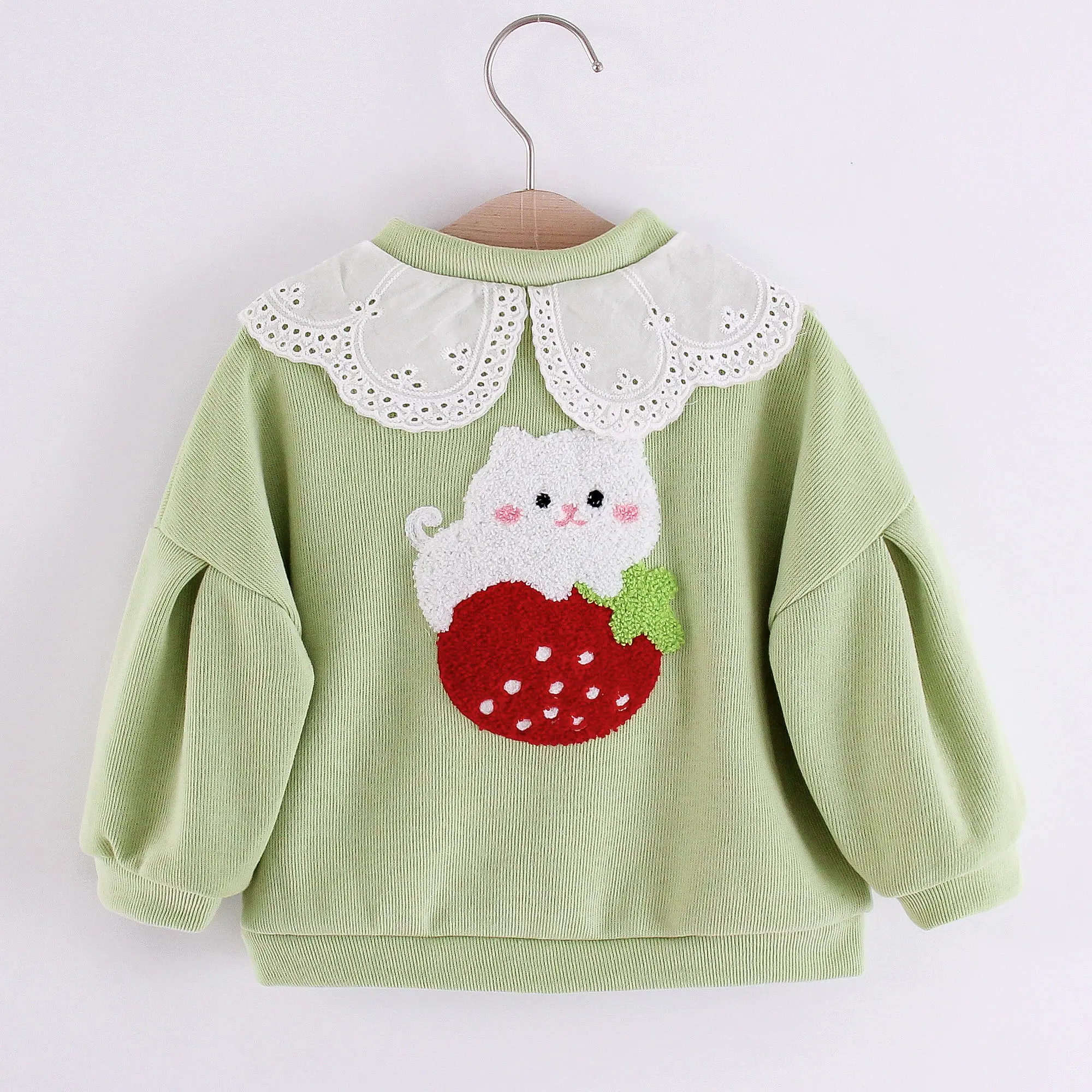 Spring and Autumn Long sleeved Girl's Coat Lace Collar Coat Girl Cartoon Embroidery Single breasted Long sleeved Loose Top
