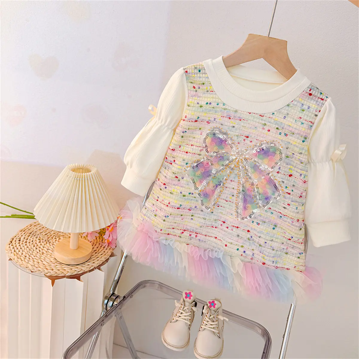 Girl Dress Autumn New Long Sleeved Baby Clothes Sweet Imitation Two-Piece Colorful Sequin Bow Mesh Toddler Dress