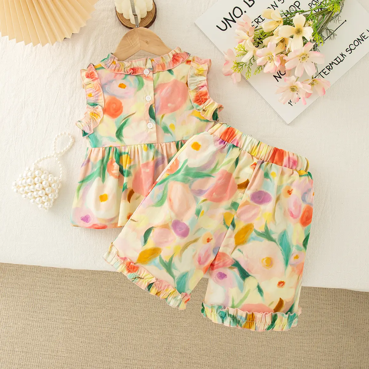 2 Pieces Set Girl Clothing Summer New Sleeveless Shorts Baby Clothes Cute Floral Cartoon Print Pleats Sets For Baby