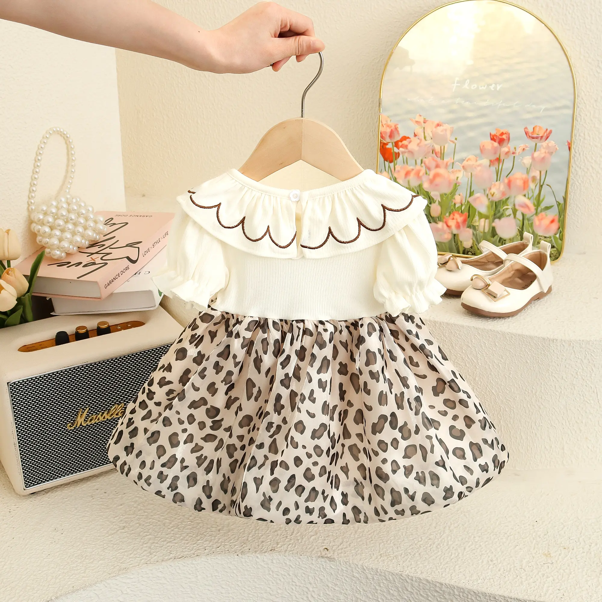 Summer Baby Girl Dresses New Sweet Leopard Print Toddler Dress Cartoon Embroidery Short Sleeves Clothes Girl