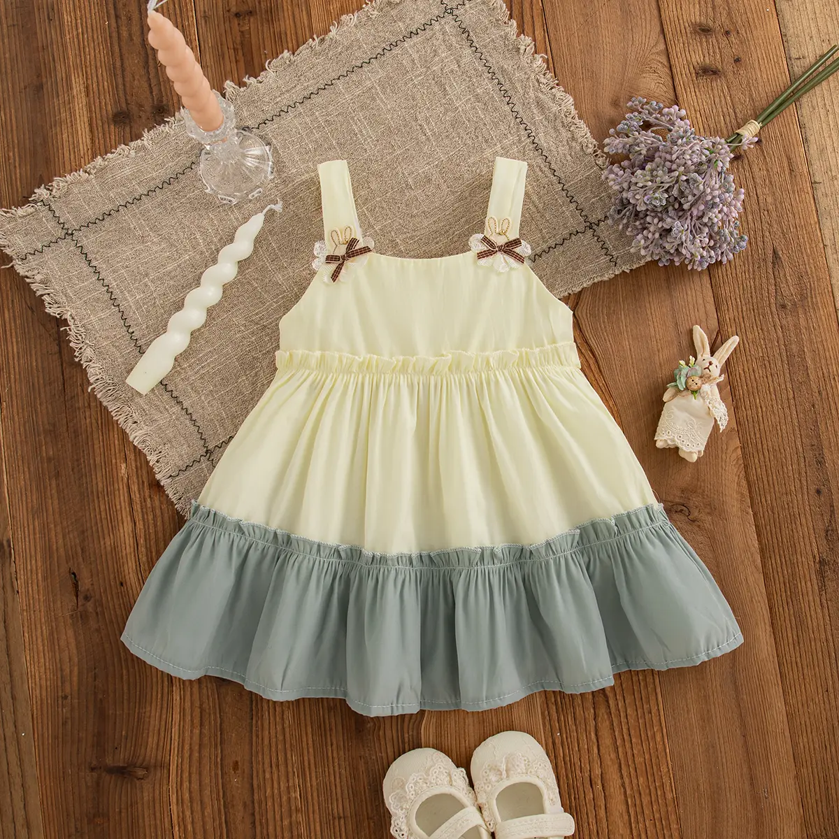 Toddler Dress Summer New Sleeveless Solid Color Baby Girl Dresses Splicing Daily Wrinkle Rabbit Ears Girl Clothing