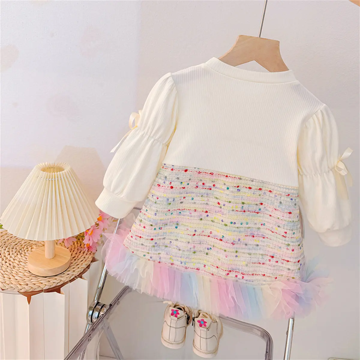 Girl Dress Autumn New Long Sleeved Baby Clothes Sweet Imitation Two-Piece Colorful Sequin Bow Mesh Toddler Dress