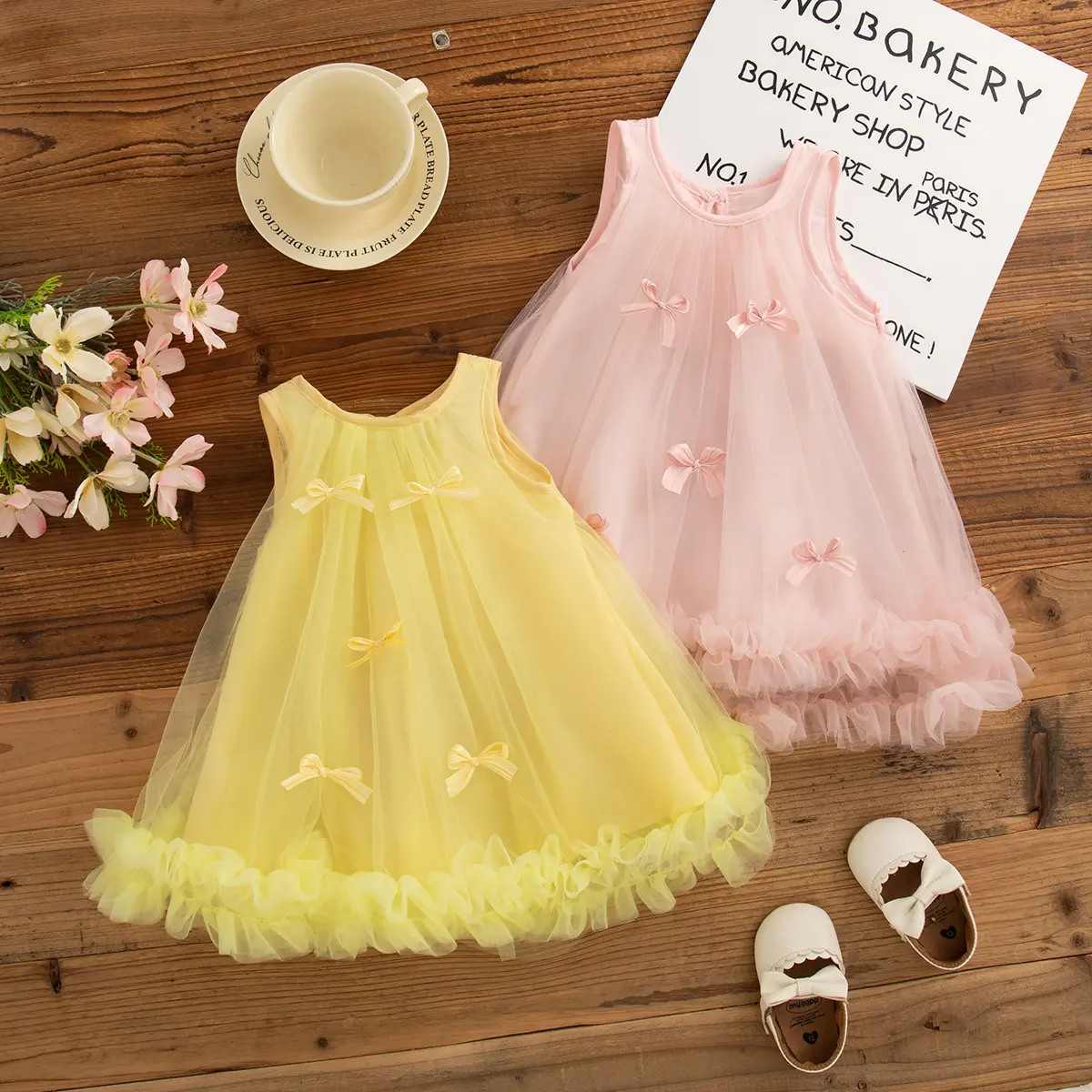 Birthday Dress Baby Girl Summer New Sleeveless Mesh Baby Dresses Sweet Bow Ruffle Casual Dresses For Girls