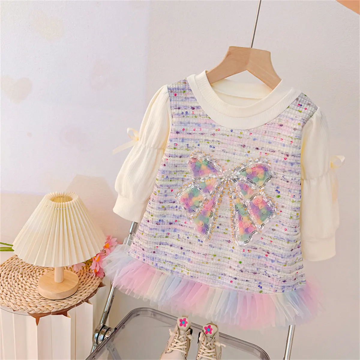 Girl Dress Autumn New Long Sleeved Baby Clothes Sweet Imitation Two-Piece Colorful Sequin Bow Mesh Toddler Dress