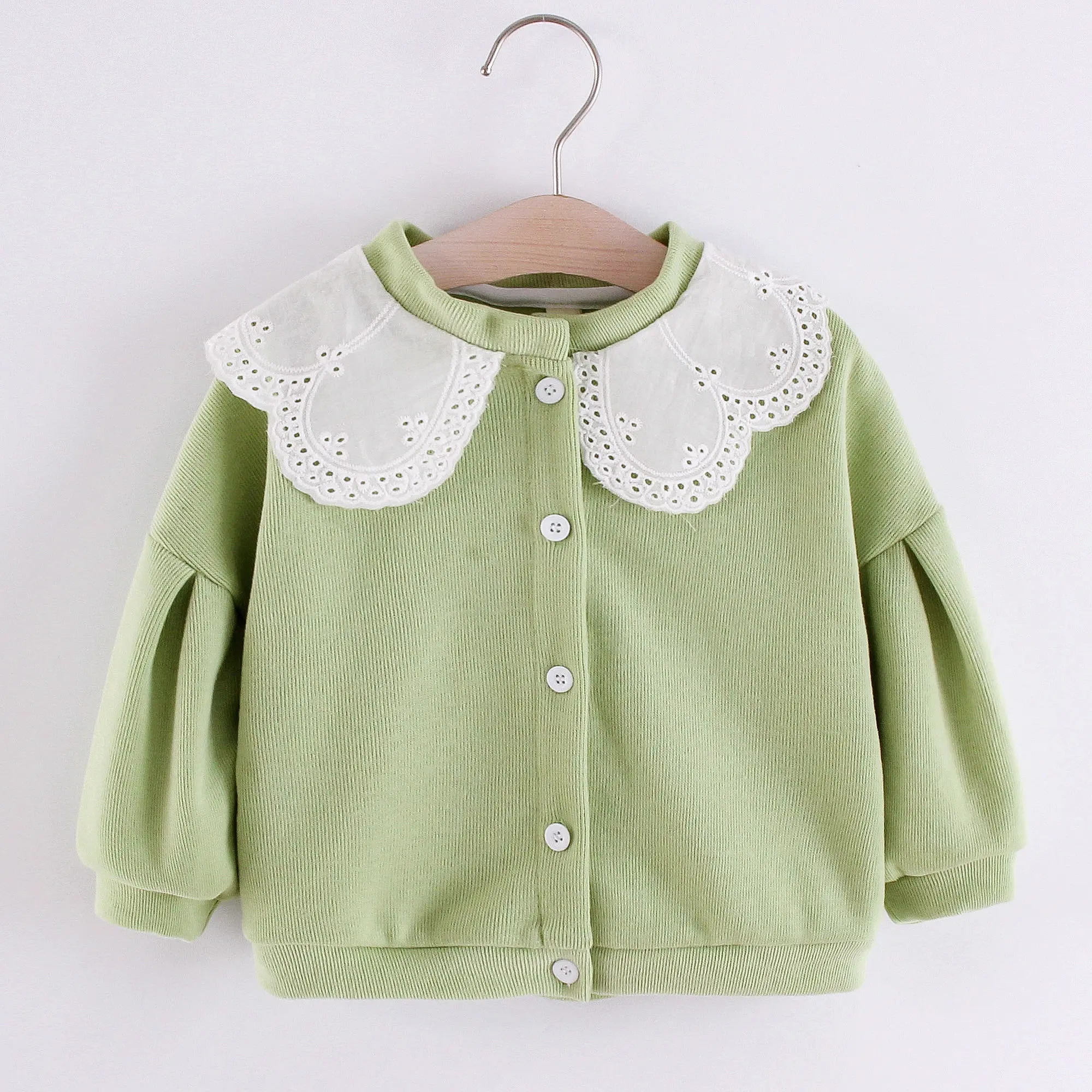 Spring and Autumn Long sleeved Girl's Coat Lace Collar Coat Girl Cartoon Embroidery Single breasted Long sleeved Loose Top