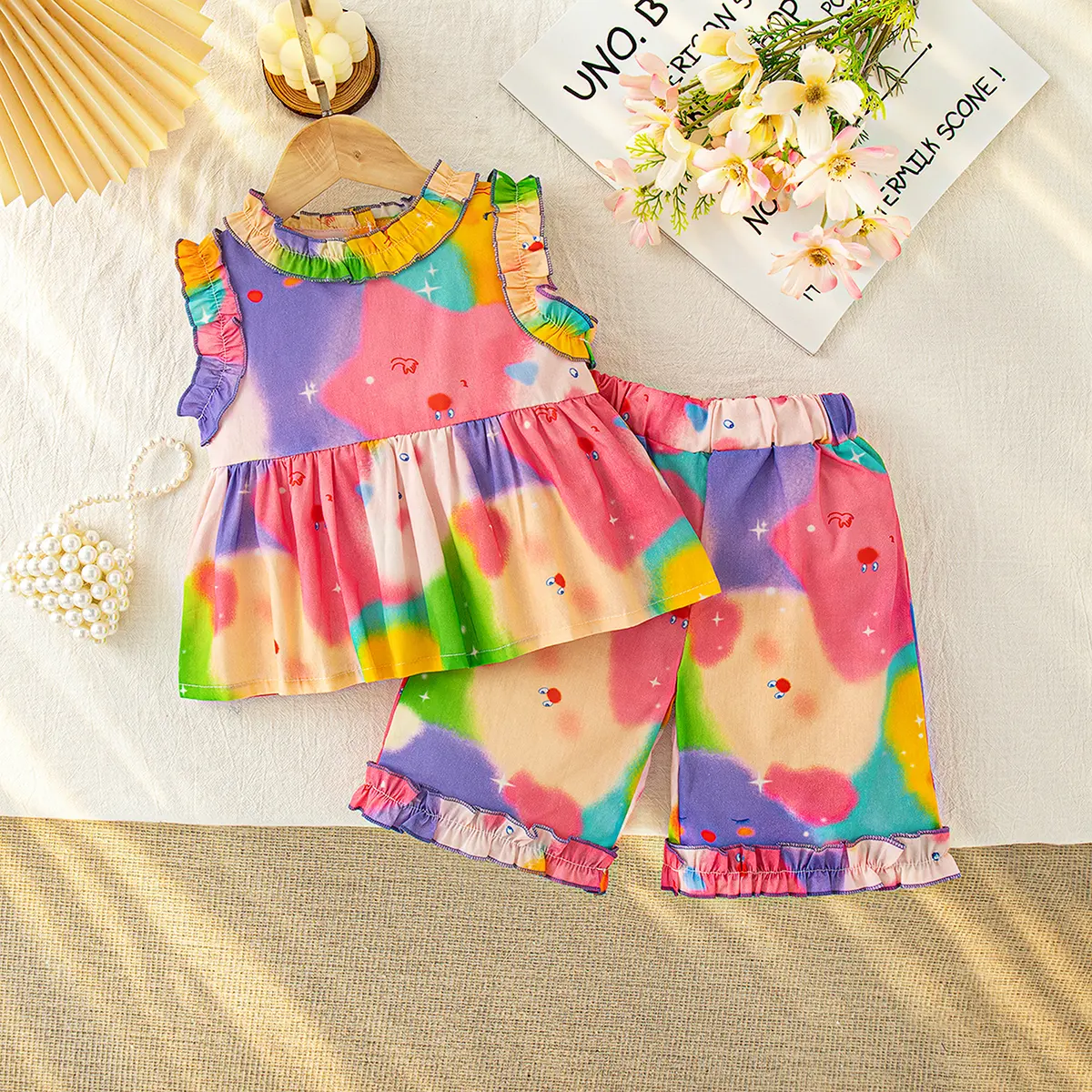 2 Pieces Set Girl Clothing Summer New Sleeveless Shorts Baby Clothes Cute Floral Cartoon Print Pleats Sets For Baby